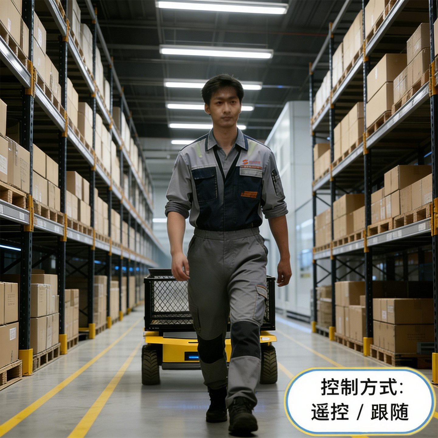 四驱AGV无人运输车在仓库中自动跟随作业 Four wheel AGV following transport robot in warehouse