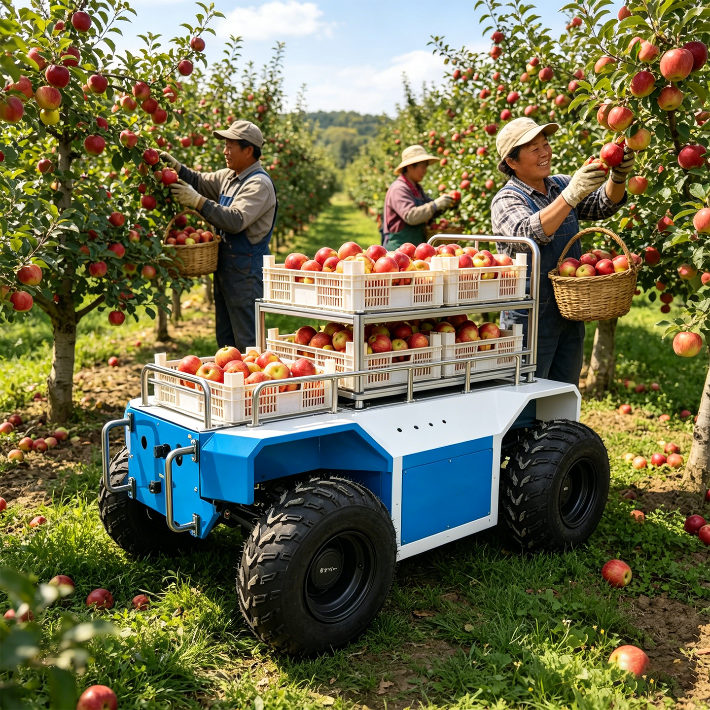 农业运输用阿克曼机器人平台在农田与复杂地形中进行物资运输