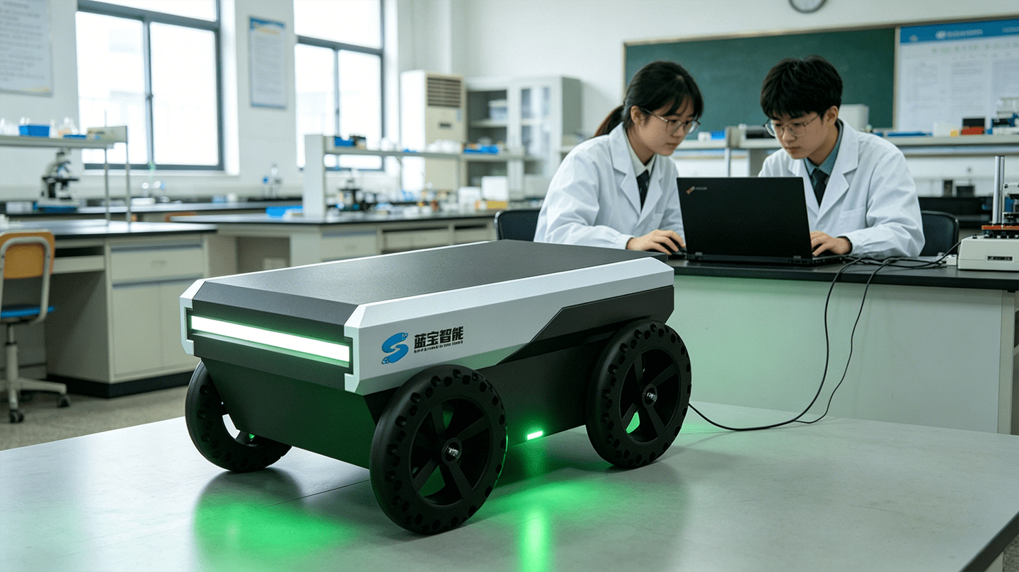 学生使用四驱机器人底盘进行测试