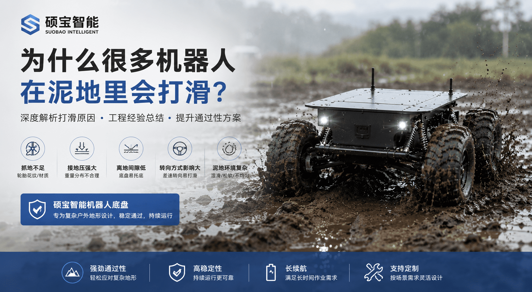为什么很多机器人在泥地里会打滑 户外机器人底盘通过性分析